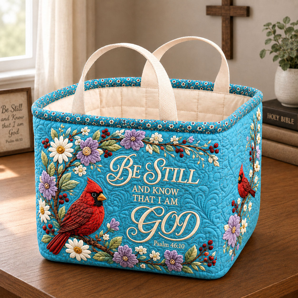 Be Still Floral Cardinal Quilted Storage Basket GFTOHNL2635