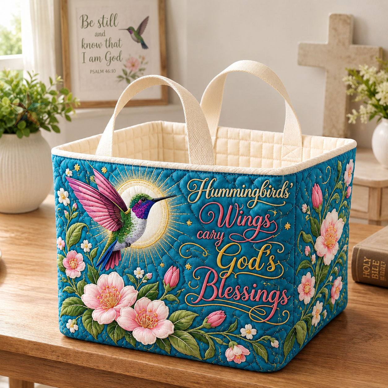 Hummingbird Gods Blessings Quilted Storage Basket GFTOHNL2708