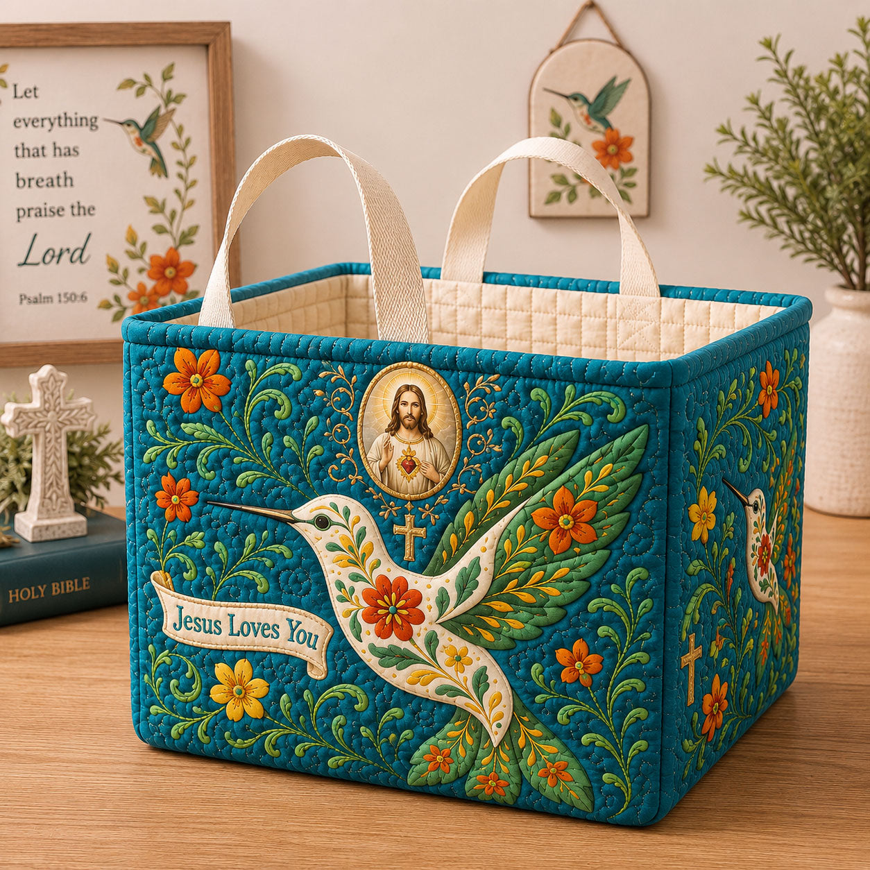 Hummingbird Jesus Loves You Quilted Storage Basket GFTOHNL2713