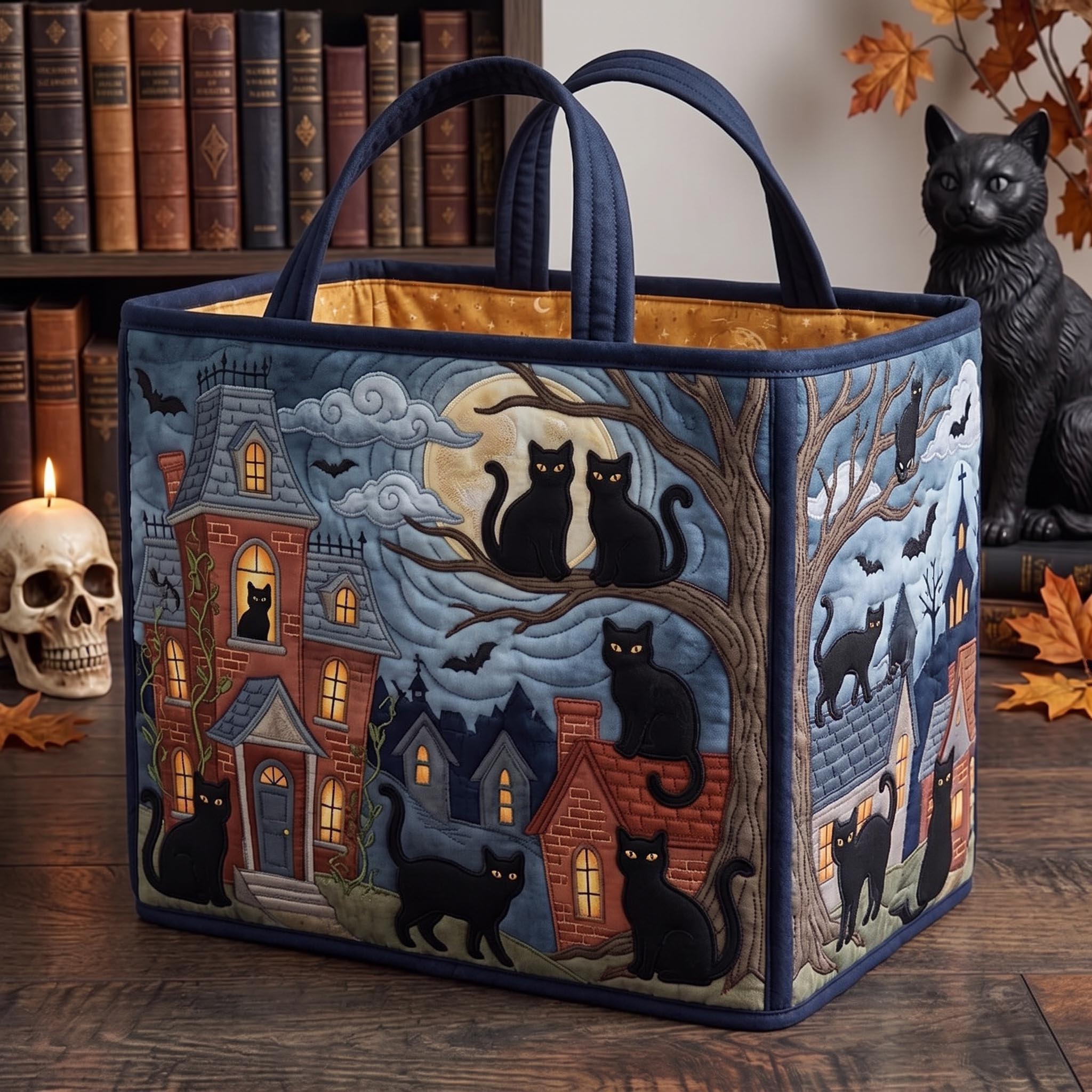 Haunted Cat Quilted Storage Basket GFTOMA13314