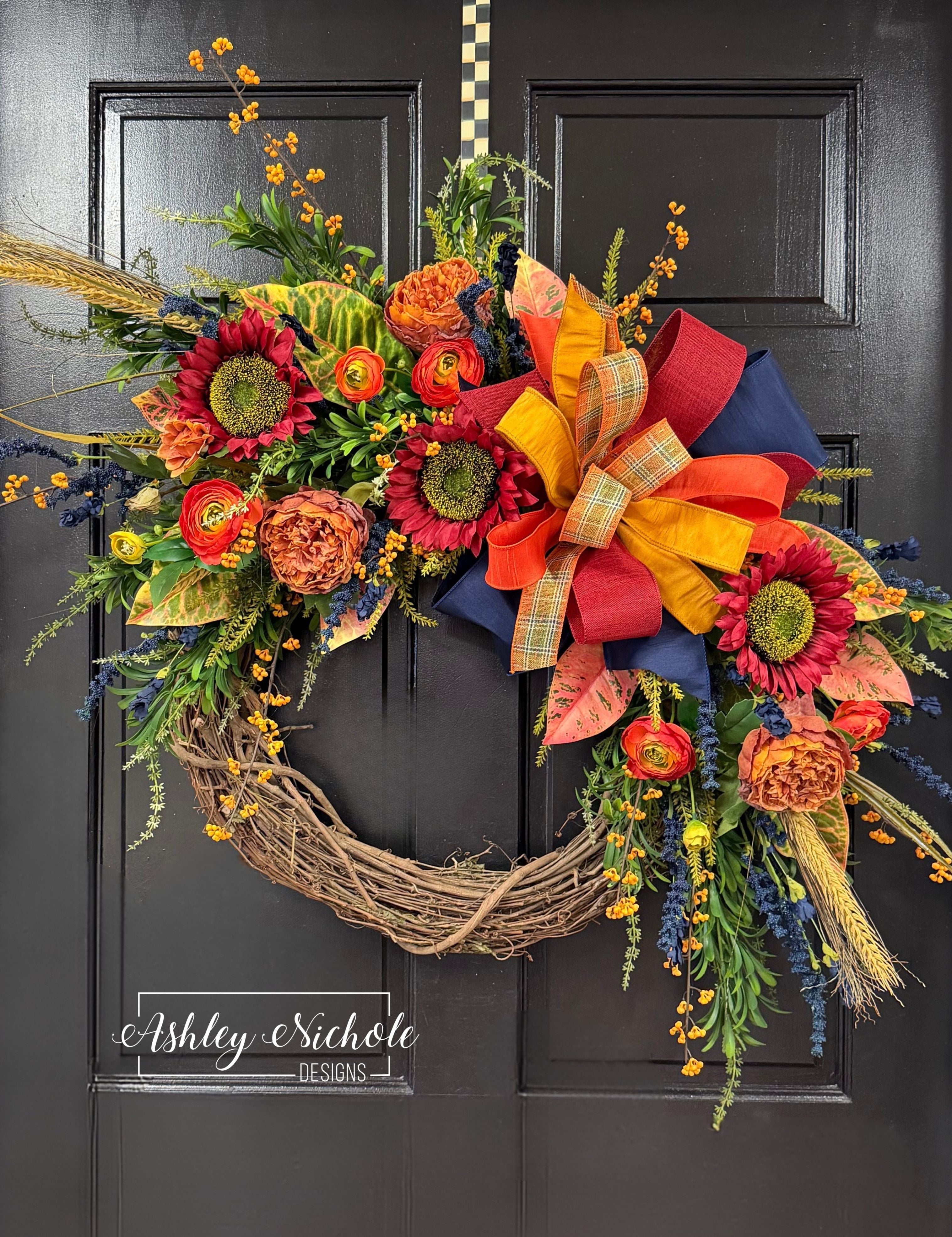 Red Sunflowers with Peonies & Berries Wreath