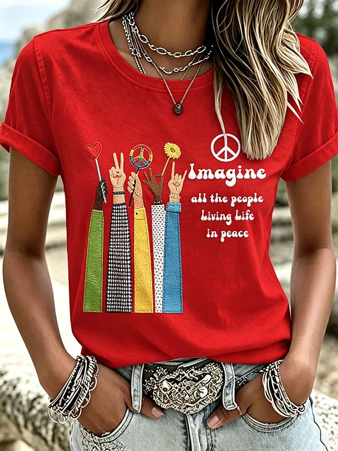 Women's Imagine all the people Living Life in peace Print T-Shirt