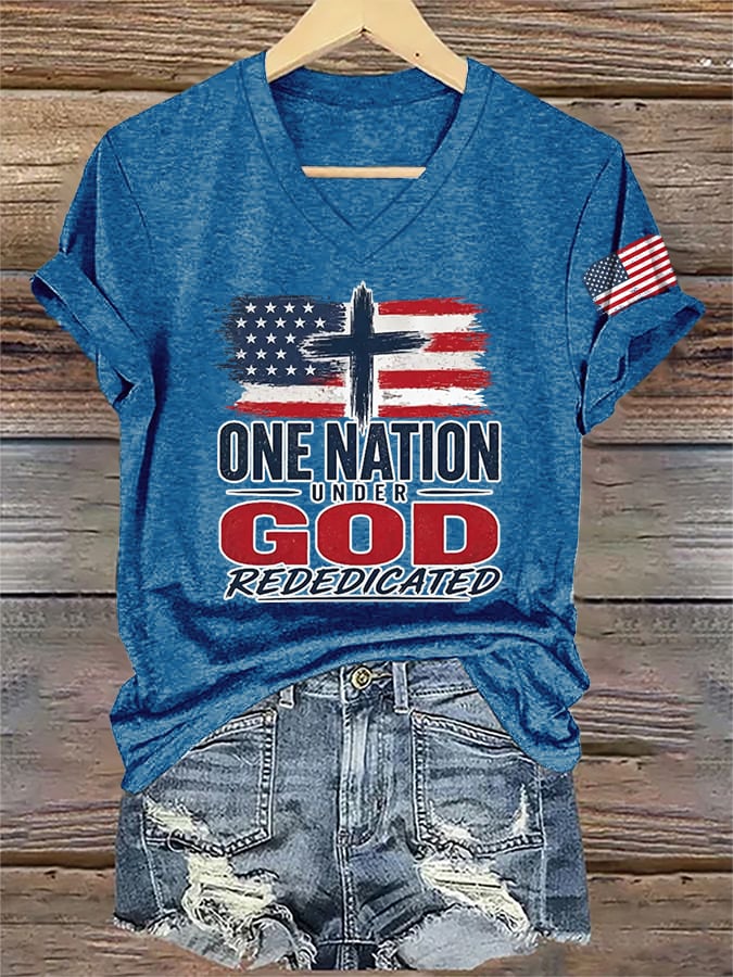 V-Neck Retro Rededicate 250 One Nation Under God Print T-shirt