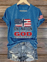 V-Neck Retro Rededicate 250 One Nation Under God Print T-shirt