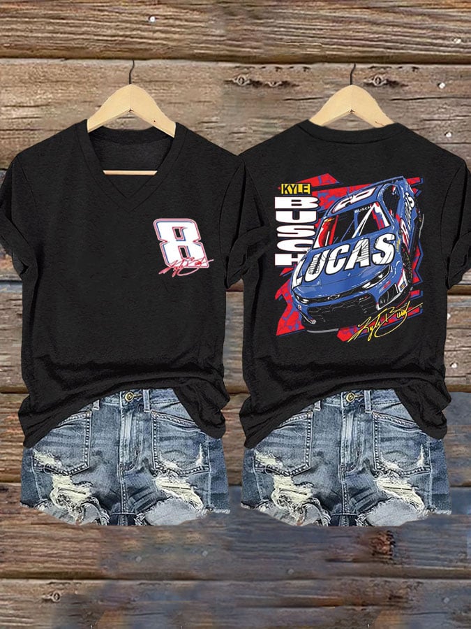 Women's V-Neck T-Shirt with Legendary Racer Commemorative Print