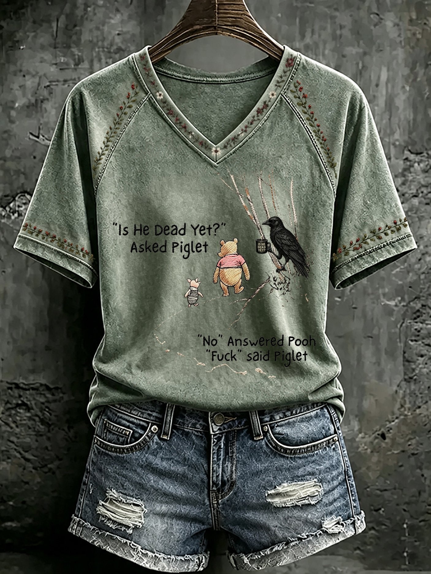 V Neck Retro Is He Dead Yet Print T-Shirt