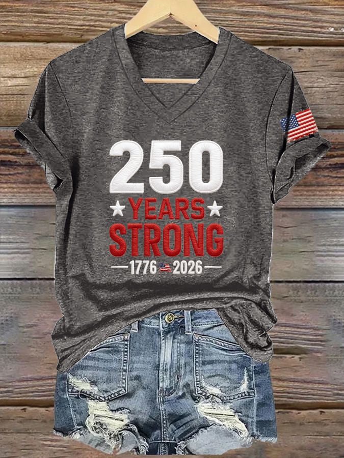 V-Neck Retro 250 Years Strong Print T-Shirt
