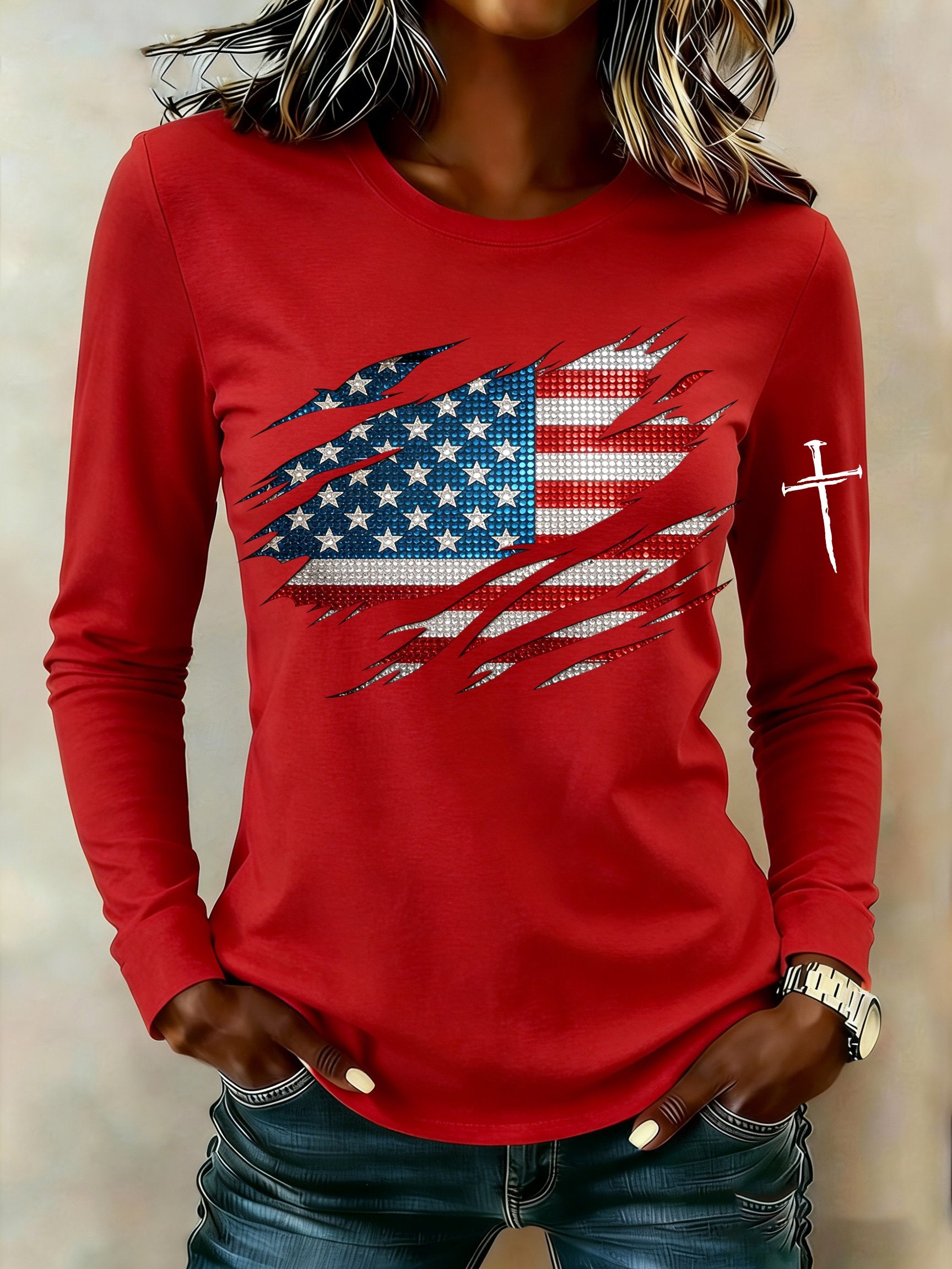 Women's casual American patriotic long-sleeved T-shirt