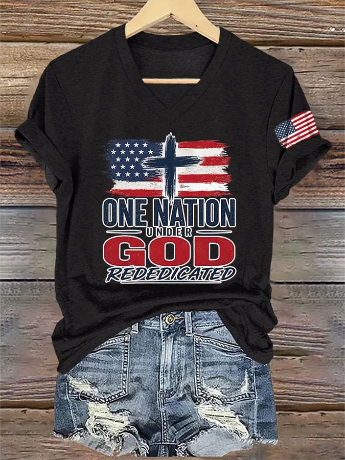 V-Neck Retro Rededicate 250 One Nation Under God Print T-shirt