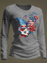 Women's casual American patriotic butterfly and floral long-sleeved T-shirt