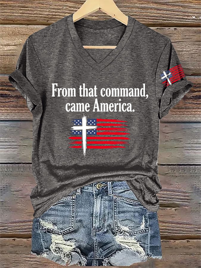 V-Neck Retro Rededicate 250 One Nation Under God From That Command, Came America Print T-shirt