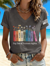 V-Neck Retro Big Fan Of Human Rights Print T-shirt
