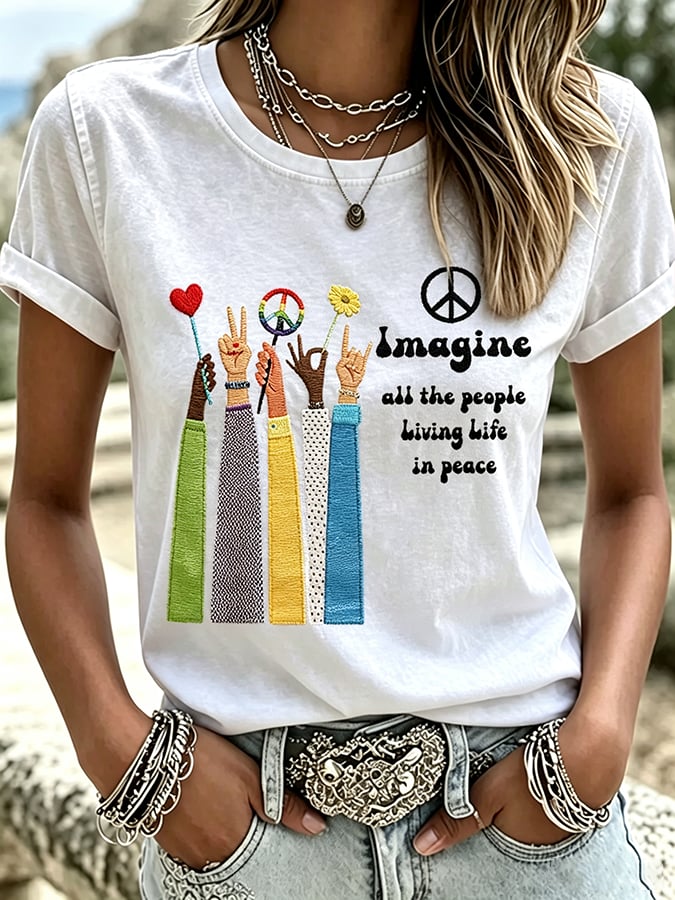 Women's Imagine all the people Living Life in peace Print T-Shirt