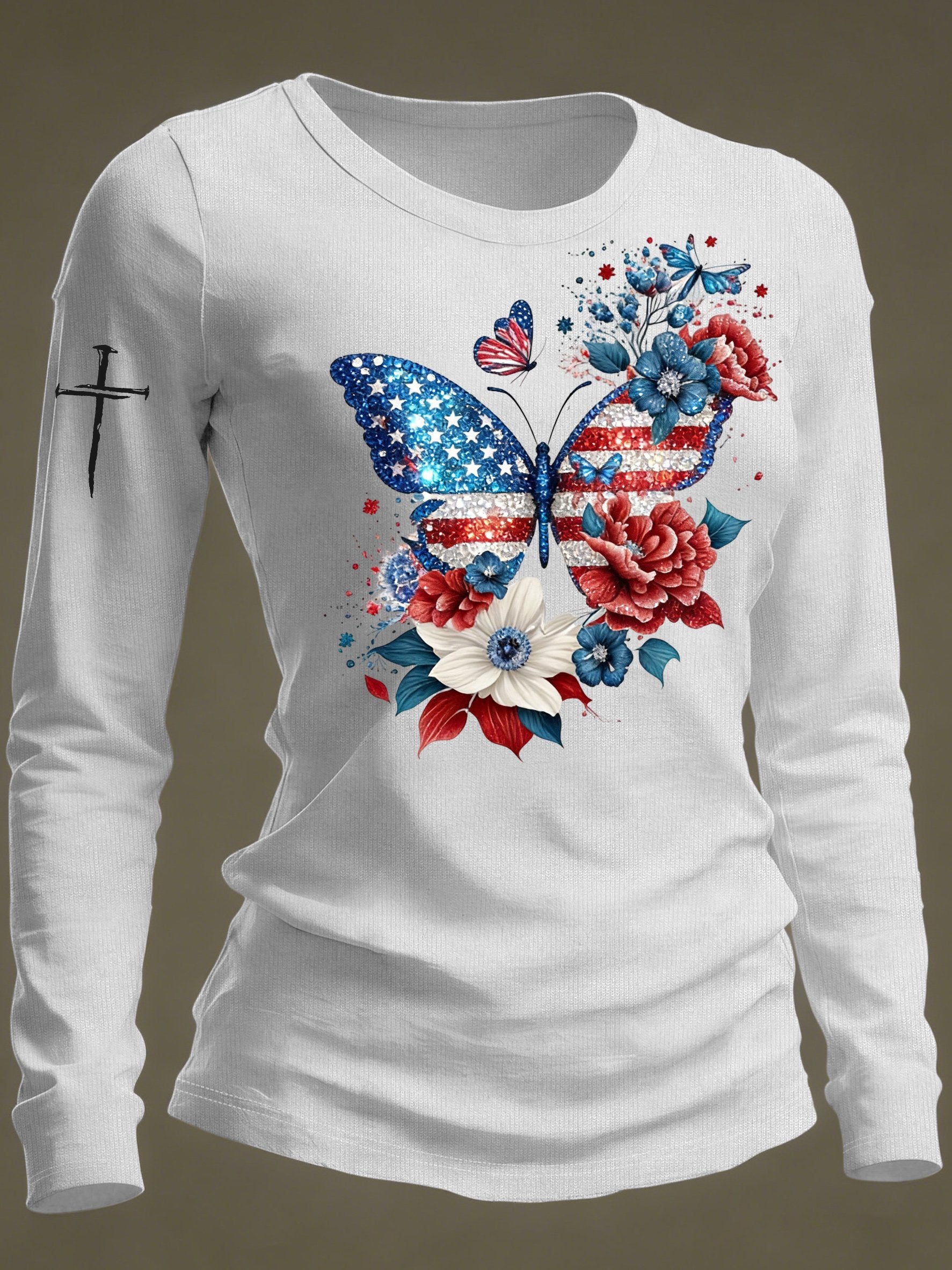 Women's casual American patriotic butterfly and floral long-sleeved T-shirt