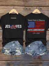 V-Neck Retro Jesus Saves America 250th Anniversary 1776-2026 Print T-Shirt