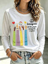Women's Casual Imagine all the people Living Life in peace Printed Long-Sleeve T-Shirt