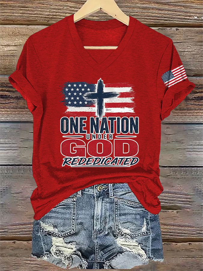 V-Neck Retro Rededicate 250 One Nation Under God Print T-shirt