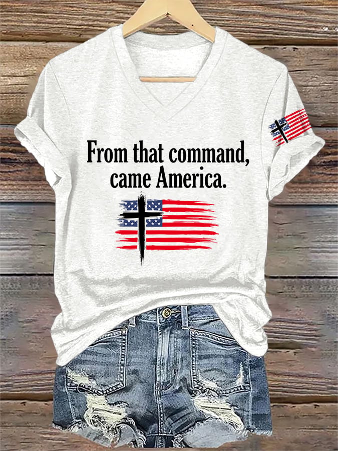 V-Neck Retro Rededicate 250 One Nation Under God From That Command, Came America Print T-shirt