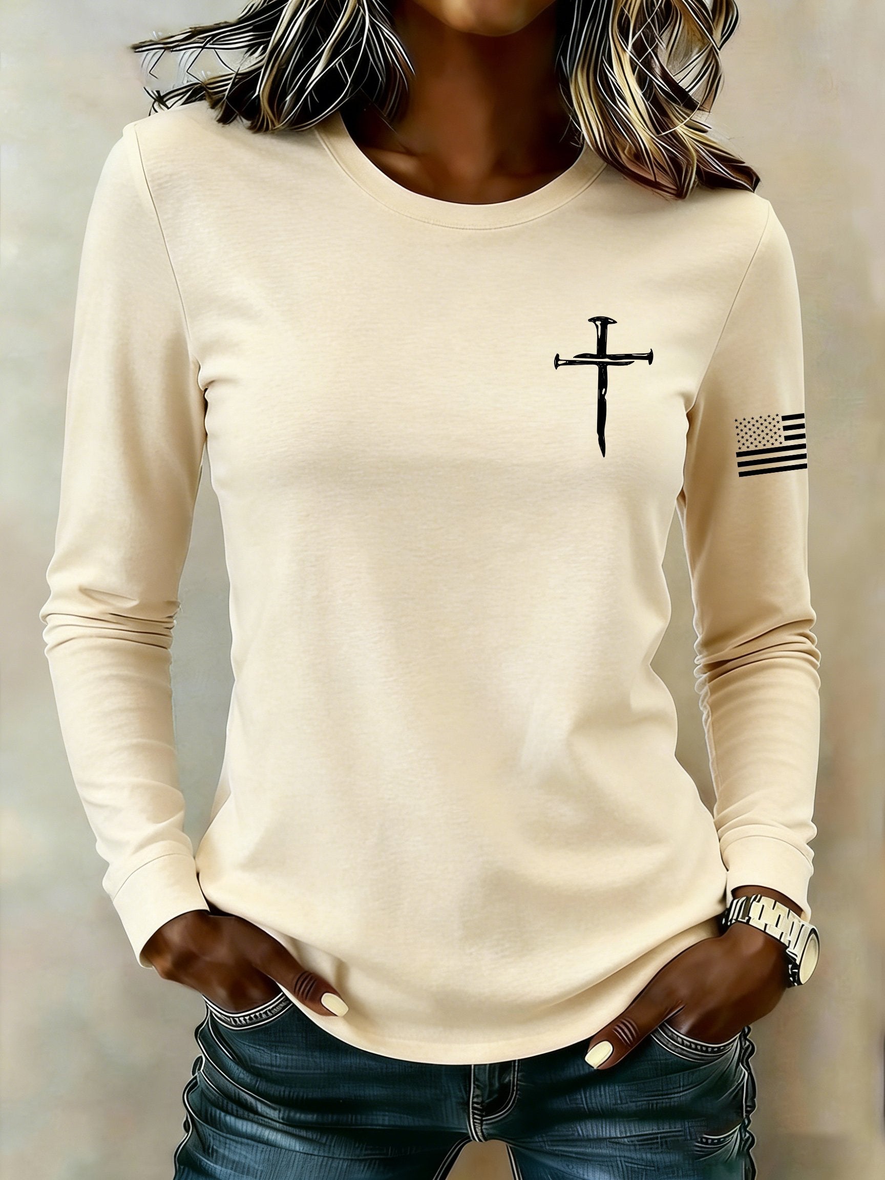 Women's casual patriotic flag long-sleeved T-shirt