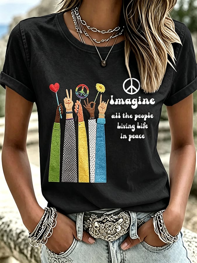 Women's Imagine all the people Living Life in peace Print T-Shirt