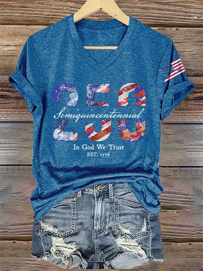 V-Neck Retro Semiquincentennial 250 In God We Trust Print T-Shirt