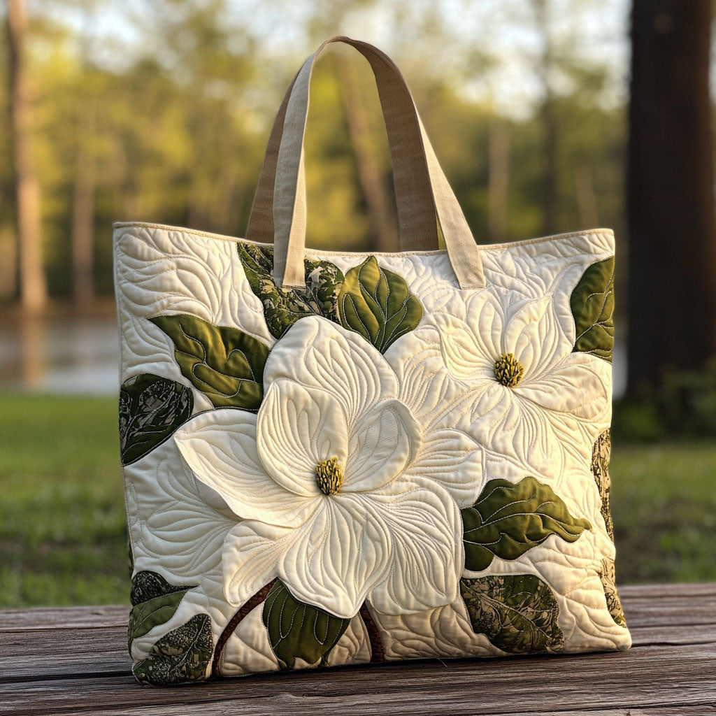White Magnolia Quilted Tote  Bag