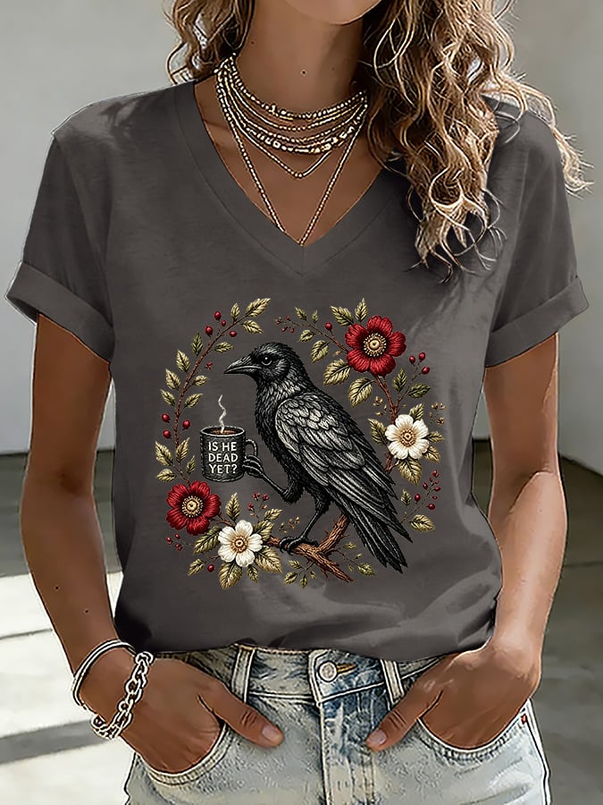 V-Neck Retro Is He Dead Yet Print T-Shirt
