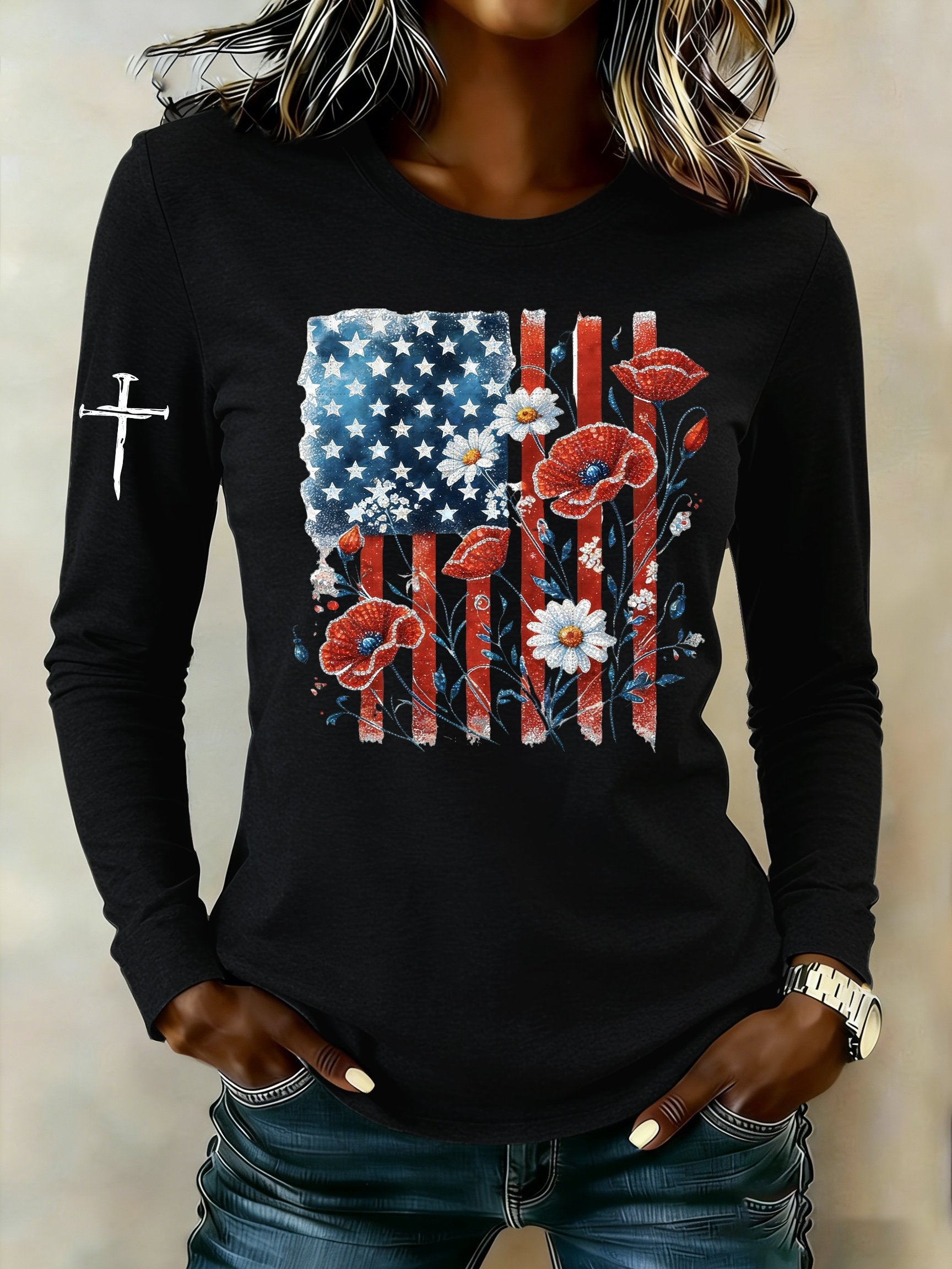 Women's casual American patriotic long-sleeved T-shirt