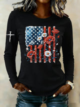 Women's casual American patriotic long-sleeved T-shirt