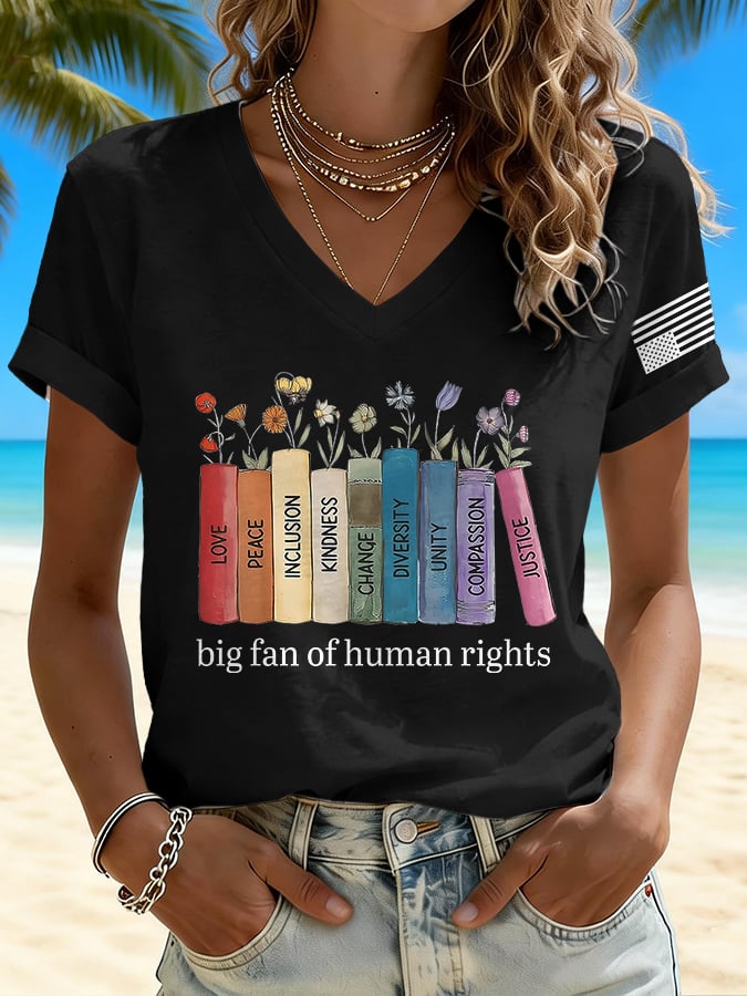 V-Neck Retro Big Fan Of Human Rights Print T-shirt