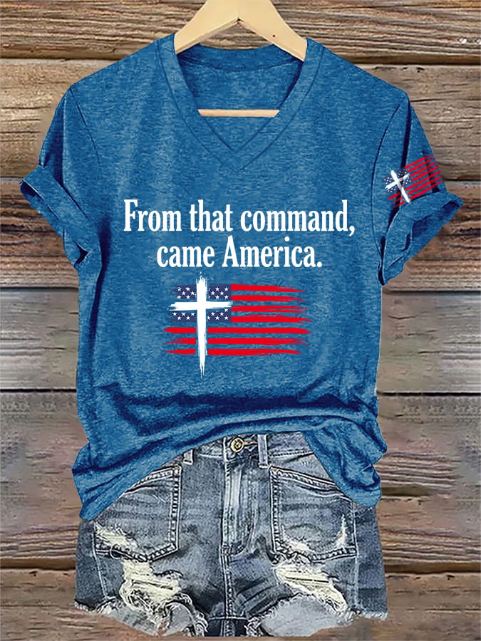 V-Neck Retro Rededicate 250 One Nation Under God From That Command, Came America Print T-shirt