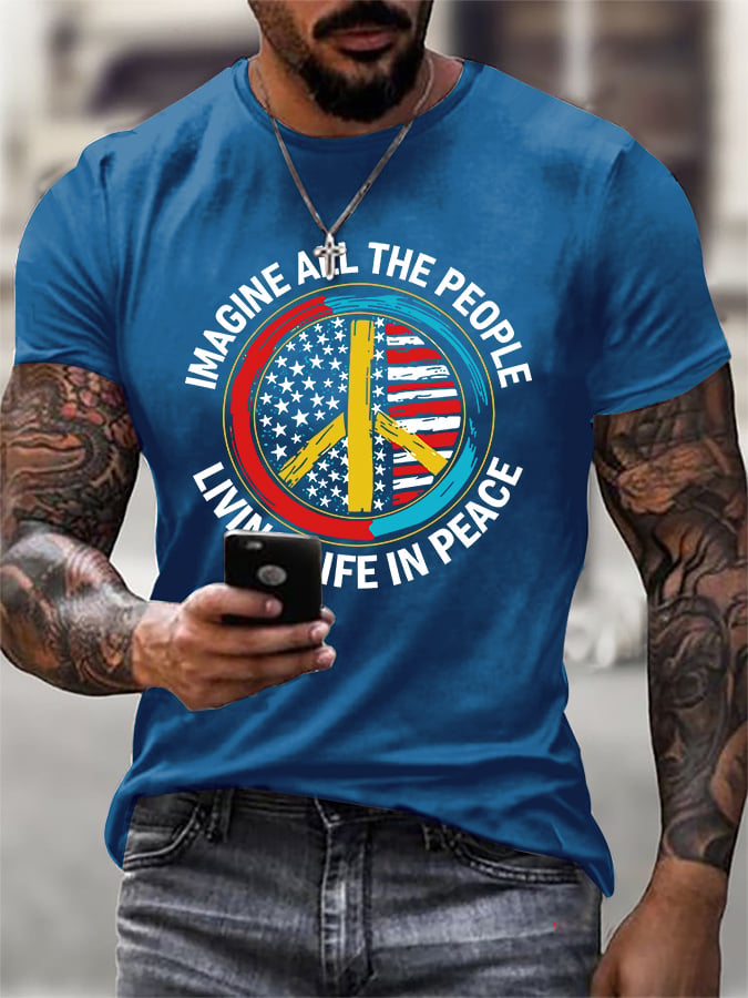 Men's Unpaid Peaceful Protester "Imagine All the People Living Life in Peace" Print Short-Sleeve T-Shirt