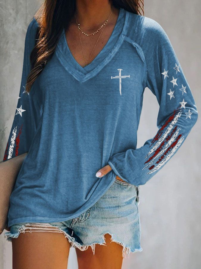 Women's casual retro flag-print long-sleeved T-shirt