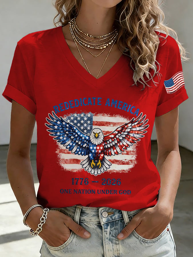 V-Neck Retro Rededicate 250 One Nation Under God Print T-shirt