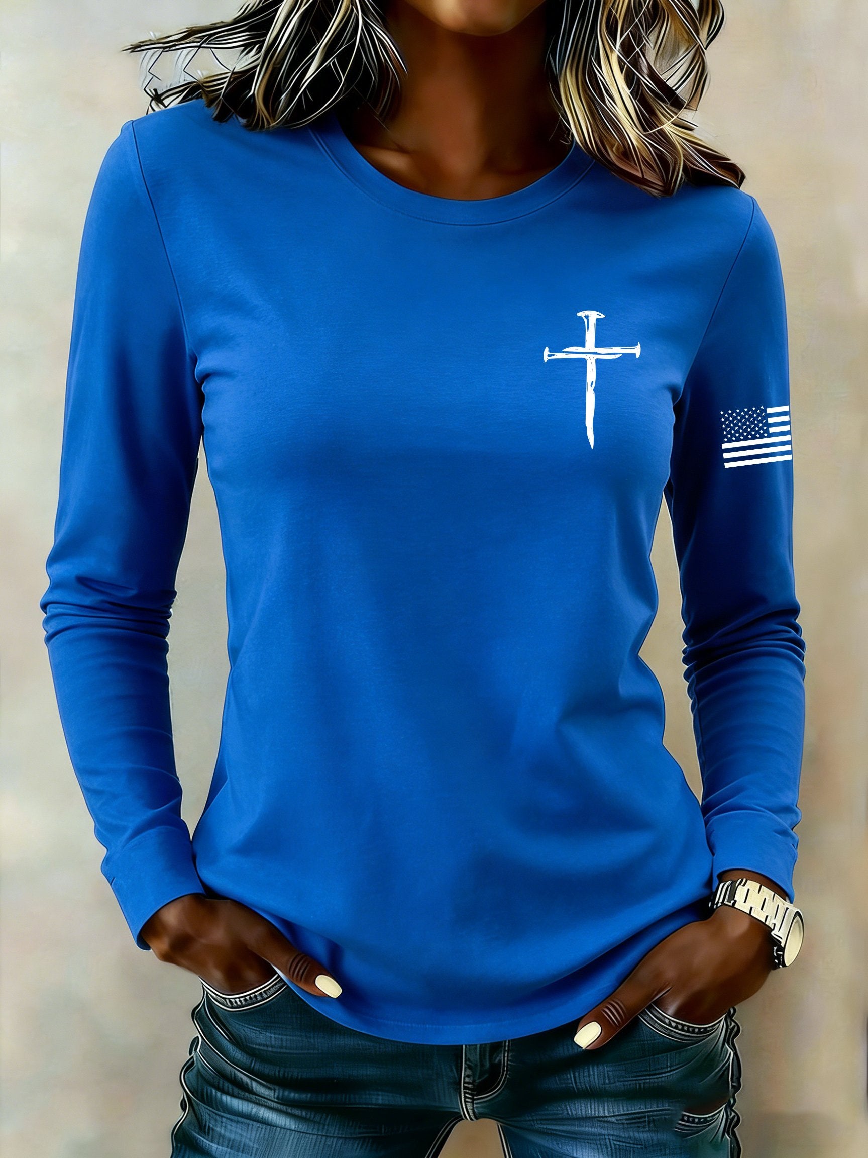 Women's casual patriotic flag long-sleeved T-shirt