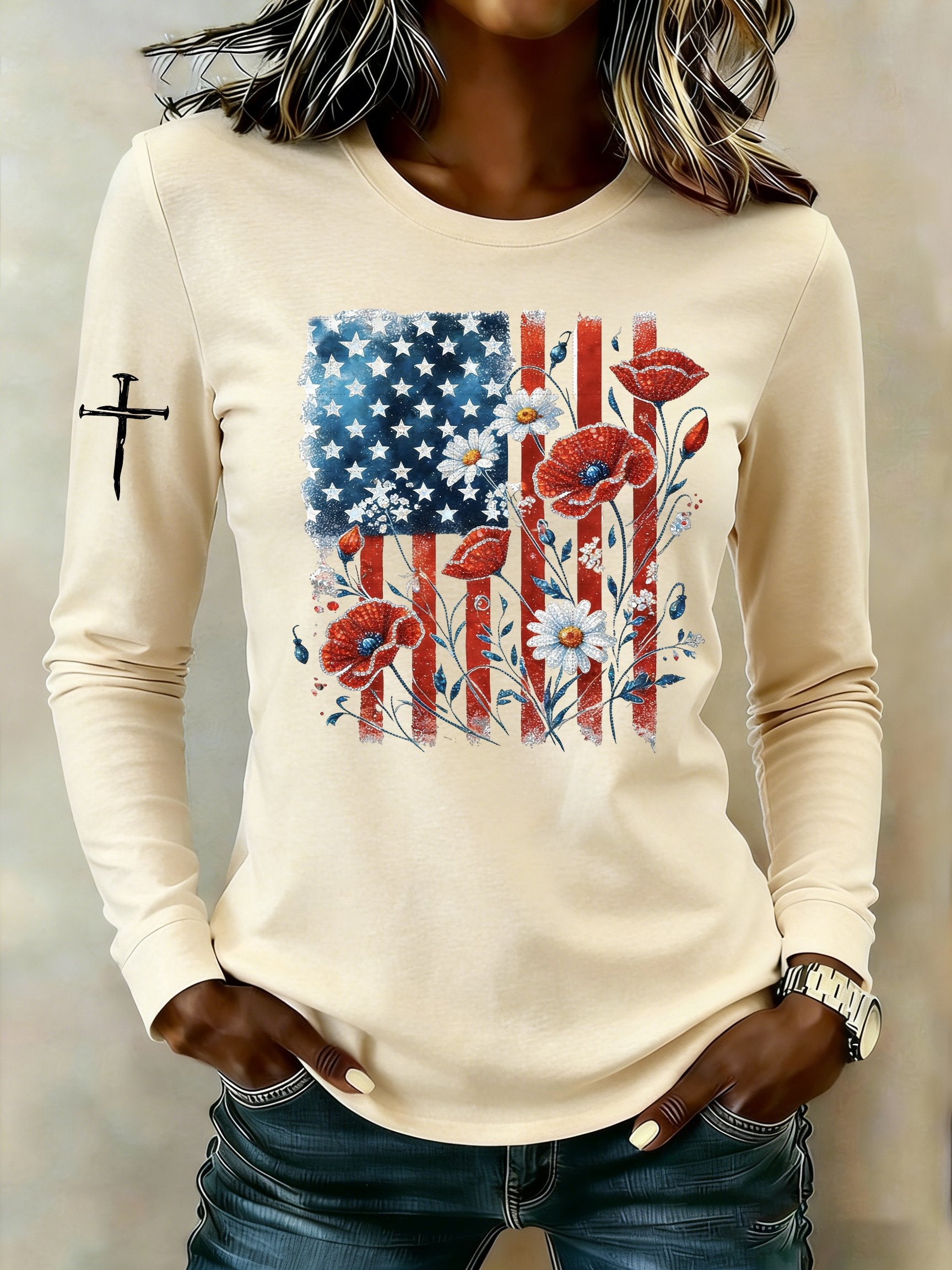 Women's casual American patriotic long-sleeved T-shirt